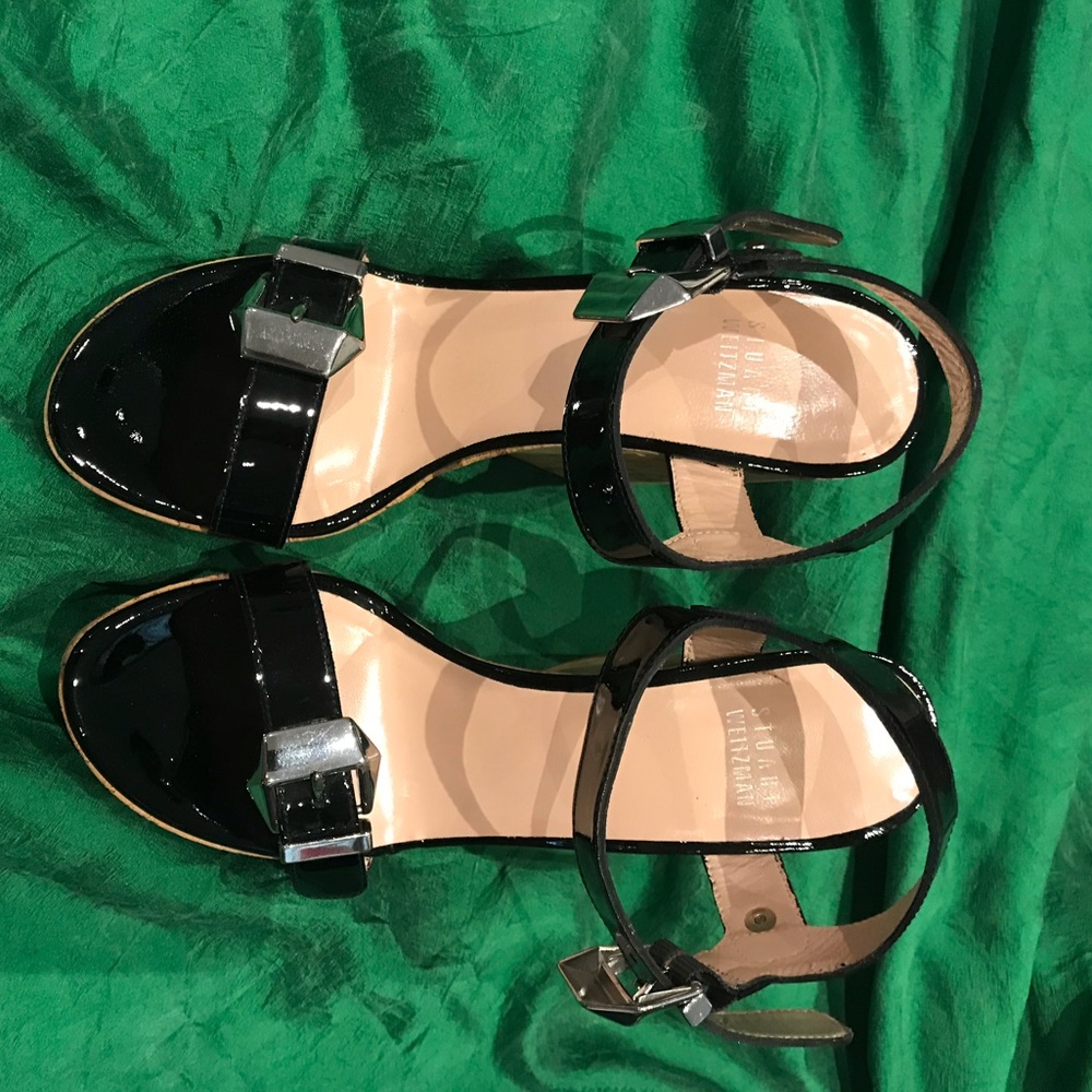 Stuart Weitzman Blk Patent Wedge Sandals “Twofer”
